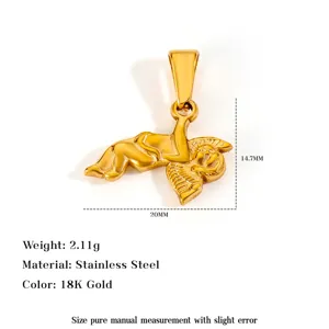 Detailed view of 18K gold plated stainless steel Cupid angel pendant with dimensions