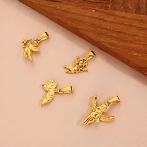 Detailed view of 18K gold-plated Cupid angel wing pendants on textured background