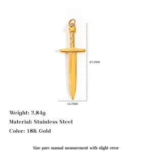 Detailed macro view of 18K gold plated sword pendant showing dimensions and material specs