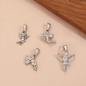 Detail view of four silver stainless steel Cupid angel pendants in different poses