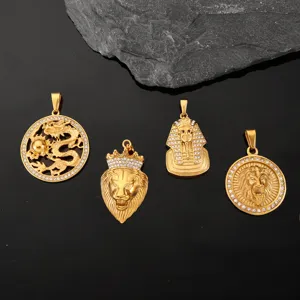 Iced out gold-plated hip-hop pendants featuring dragon, lion, and pharaoh designs