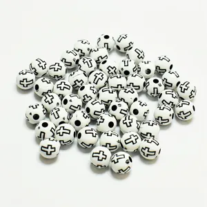 Perles rondes en acrylique blanc 8mm de qualité avec motif croix noire pour bijoux DIY