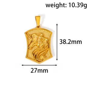 Close-up detail of a golden unicorn relief shield pendant with size and weight markings