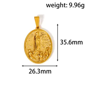 Detailed dimensions of 18K gold plated stainless steel Virgin Mary relief pendant