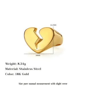 Detailed view of an 18K gold-plated stainless steel broken heart ring with dimensions