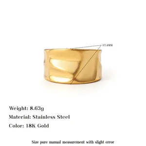 Close-up of textured 18K gold stainless steel ring with 12.4mm width and weight info