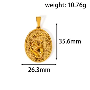 Detailed view showing the size and weight of a golden stainless steel oval pendant