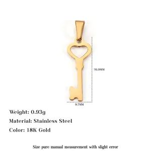 18K gold plated stainless steel key pendant with 0.93g weight and measurement details