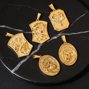 Detailed view of gold stainless steel pendants featuring mythological relief designs