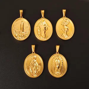 Detailed view of five 3D embossed vintage gold-plated religious oval pendants on black