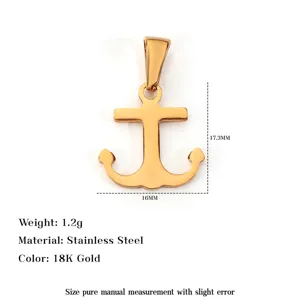 Detail view of 18K gold plated stainless steel anchor pendant with size specs