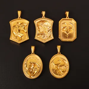 Detailed macro view of five stainless steel gold relief pendants with mythic characters