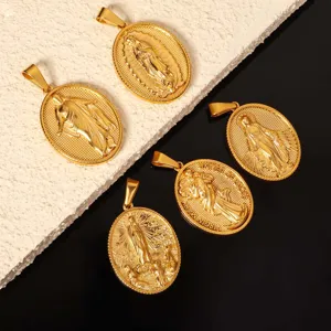 Detailed close-up of 18K gold plated stainless steel Virgin Mary relief pendants.