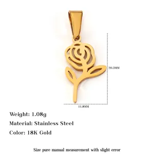 Detailed macro view of 18K gold plated stainless steel rose flower pendant with size info