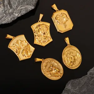 Detail of gold-plated stainless steel pendants with Western mythological relief designs
