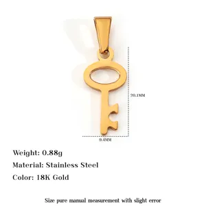 18K gold plated stainless steel key pendant showing product dimensions and weight