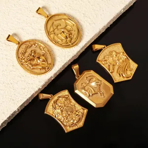 Detailed view of embossed stainless steel mythology pendants in golden finish