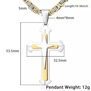 Detailed view of two-tone stainless steel cross pendant with precise measurements
