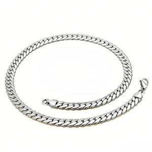 Detailed view of polished silver stainless steel Cuban link necklace for men