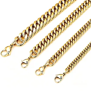 Close-up of four widths of 18K gold plated titanium steel Cuban link chains