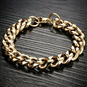 Detailed view of a thick gold-plated stainless steel Miami Cuban link chain for men.