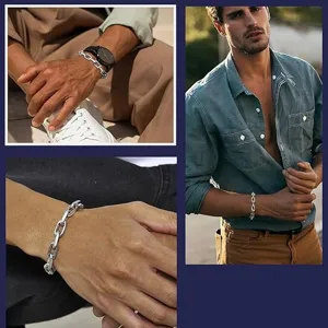 Lifestyle shots of a men's polished rectangular link paperclip chain bracelet.