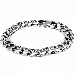 Macro close-up of a heavy stainless steel Cuban link bracelet for men in polished silver finish