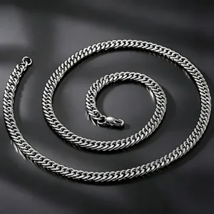 Detailed close-up view of silver stainless steel Cuban link chain with a sturdy lobster clasp