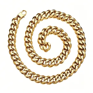 Detailed view of the thick gold-plated Cuban link chain with a glossy metallic finish