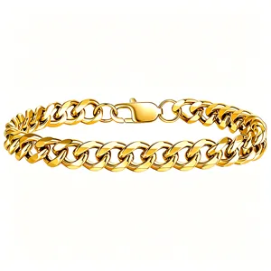 Detail view of high-polished 18K gold-plated thick Cuban link bracelet with lobster clasp