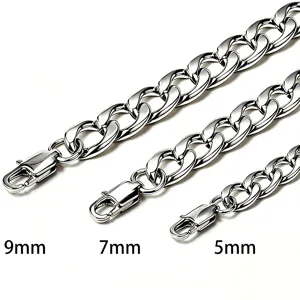 Macro detail showing 9mm, 7mm, and 5mm widths of polished stainless steel Cuban chains.