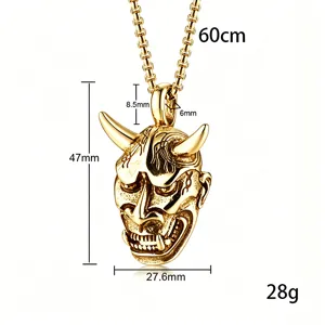 Detailed measurements of vintage gold Hannya mask pendant necklace with box chain