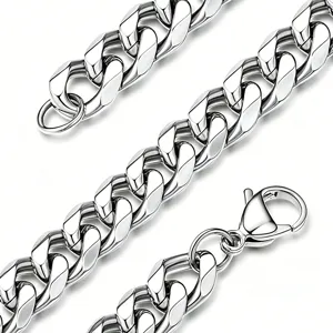 Detailed macro view of polished silver titanium steel Cuban links with lobster clasp