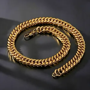 Close-up of polished 18K gold plated Cuban link chain necklace in stainless steel
