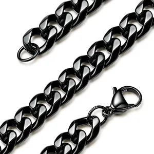 Close-up detail of black titanium steel Cuban link chain necklace with lobster clasp