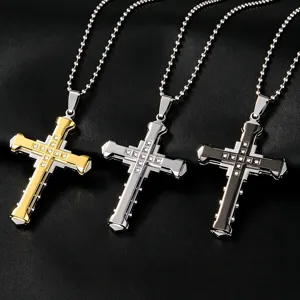 Collana con Pendente a Croce a Doppio Strato Hip Hop in Lega di Zinco con Strass Incastonati Catena a Sfere Gioielli Unisex