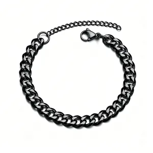 Macro view of black titanium steel Cuban link chain with secure lobster clasp and extender