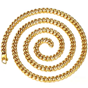 Top-down view of thick gold-plated Cuban link chain spiraled on a white background.