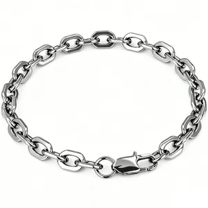 Detail view of a minimalist stainless steel paperclip chain with a secure lobster clasp.