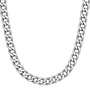 High-definition macro view of a polished stainless steel Cuban link chain for men's hip-hop jewelry