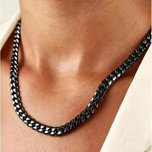 Close-up of a polished black titanium steel thick Cuban link necklace in hip-hop style.