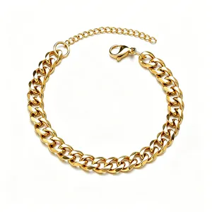 Macro view of gold plated titanium steel Cuban link chain necklace with lobster clasp