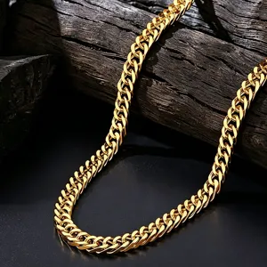 High-polish gold stainless steel Cuban link chain necklace for men, jewelry detail view