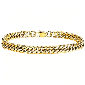 Macro view of 18K gold plated stainless steel Cuban link chain with lobster clasp