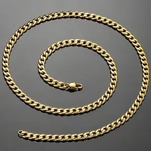 Detailed view of heavy gold-plated stainless steel Cuban link necklace with lobster clasp