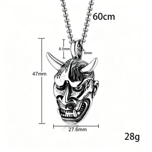 Detailed dimensions of vintage titanium steel Prajna mask ghost pendant necklace for men