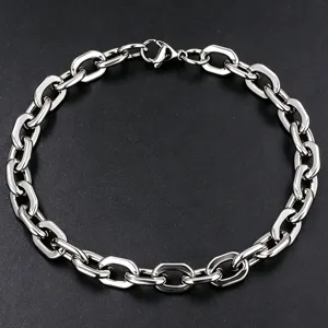 Detailed close-up of a chunky stainless steel paperclip chain necklace in silver