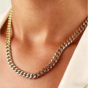 Close-up of polished 18K gold-plated titanium steel Cuban link chain necklace