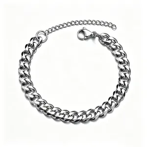 Macro view of polished silver cuban link chain jewelry with lobster clasp details