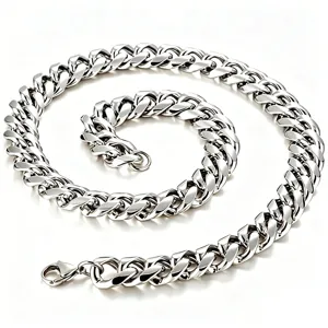 Durable silver-tone stainless steel thick Cuban link necklace with polished Miami style